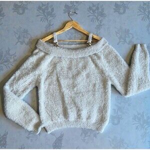 Fuzzy Off Shoulder Sweater Large Chain Strap Cozy Cropped Neutral Knit